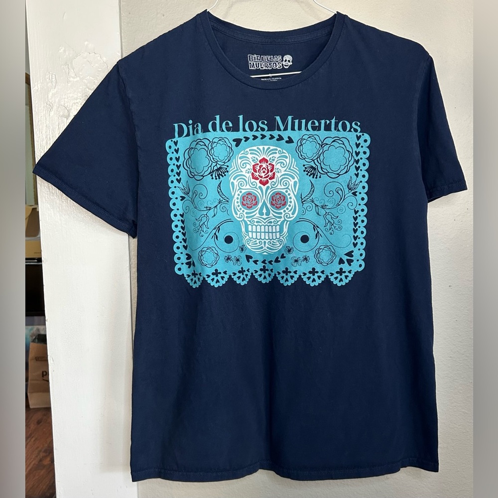 Dia De Los Muertos Blue Sugar Skull T-Shirt  Short Sleeve Women Size M